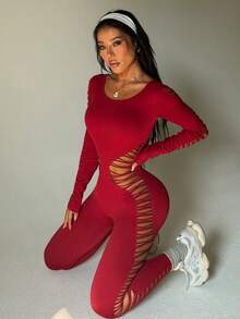 Slayform 纯色露背镂空紧身长袖连体裤