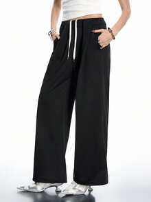 Airlisse Women's Drawstring Waist Pleated Casual Street Wear Sweatpants, Spring/Summer - Black - View 5