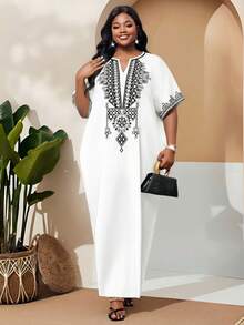 SHEIN Lady 大码女式几何印花V领蝙蝠袖宽松休闲连衣裙 - 彩色 - 查看 5