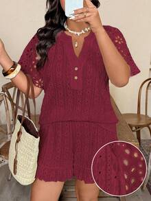 SHEIN LUNE Plus Size Casual Daily Textured Jacquard Hollow V-Neck Raglan Sleeve Top And Ruffle Hem Shorts 2 Pieces Set - Burgundy - View 1