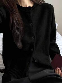 DAZY Women's Solid Color Minimalist Knit Cardigan - Black - View 3