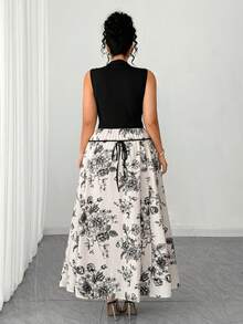 Elenzga Elegant Floral Print Sleeveless A-Line Waist Tie Dress, Suitable For Music Parties, Holidays, Daily Wear, Shopping, Commuting Plus Size Floral Maxi Skirt Elegant Curve Dress Plus Size Elegant Dress Plus Size Evening Dress Plus Size Long Skirts Floral Print Skirt Long Skirts And Top Set Long Skirt 2 Piece Elegant Skirt - Black - View 3