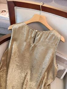 GlowEve CURVE 大码女式宽松圆领珍珠缎带设计奢华金属质感休闲背心，适合日常穿着、夏季及假日派对。 - 杏色 - 查看 6