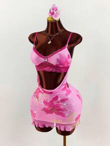 Amplova Đầm ngắn hai dây gợi cảm kiểu Y2K dành cho nữ, họa tiết hoa, phối ren tương phản, khoét eo, thích hợp cho kỳ nghỉ hè, trang phục mùa hè cho nữ. - Hồng - Xem 7