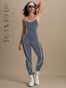 Eassivo Eassivo 女士时尚无缝交叉露背运动连体裤，夏季 - 灰色 - 查看 3