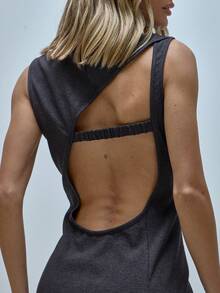 MUSERA Đầm ngắn cổ cao hở lưng, chi tiết đường may tinh tế, size S, thích hợp cho công sở, đi làm hàng ngày, kiểu dáng dễ thương, cá tính, mùa hè. - màu đen - Xem 2