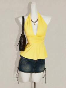 SHEIN ICON Halloween Women's Halter Backless Black Babydoll Tank Top - Yellow - View 5