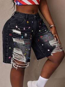 Slaydiva Shorts vaqueros de talle medio con efecto desgastado para tallas grandes - Negro - Ver 2