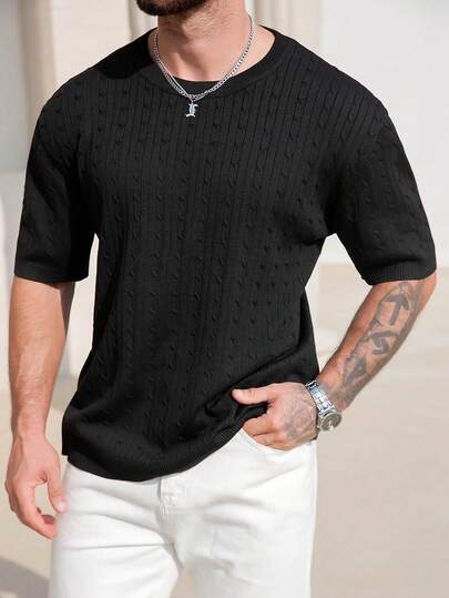 Manfinity Homme Camiseta de punto de cuello redondo de unicolor y textura casual para hombres de talla grande, suéter de verano para hombres, ropa de punto para hombres, suéter de cuello en V de manga corta para hombres, polo de punto abotonado para hombres grandes y altos, camisas Henley de cuello en V acanalado para hombres, tops de punto para hombres