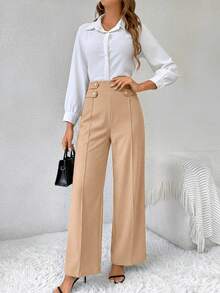 SHEIN Frenchy High Waist Button Detail Wide Leg Baggy Elegant Pants - Khaki - View 4