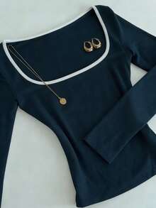 Glimmora Áo thun dài tay dáng ôm cổ vuông màu xanh navy tối giản, phù hợp cho mùa xuân, hè, thu và đông. Áo thun thời trang, quà tặng phong cách cho anh chị em, quà tặng cho mẹ, quà tặng Ngày của Mẹ. Áo thun thời trang tối giản thường ngày. - Xanh đậm - Xem 4