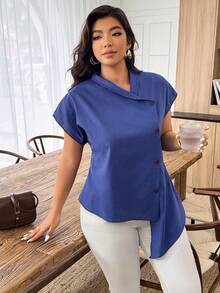 SHEIN LUNE Camisa holgada de lino similar para mujer de talla grande con bajo asimétrico, adecuada para el hogar y el exterior, primavera/verano - Azul - Ver 5