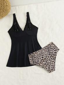 Swim Lushoire Women's Beach Music Festival Leopard Print Patchwork V-Neck Wide Strap Flowy High Waist Swimsuit Two Pieces Set, Spring/Summer - Multicolor - View 2