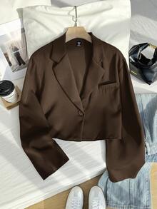 Comfortcana 大翻领短款西装外套，适合毕业季、返校季、秋冬季女教师穿着。 - 棕色 - 查看 7