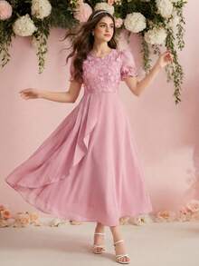 Vestido con mangas cortas y bordado de lentejuelas para adolescentes, adecuado para citas y ocasiones formales - Rosa - Ver 6