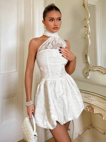 Glamine Charm 优雅蕾丝拼接荷叶边下摆女式连衣裙