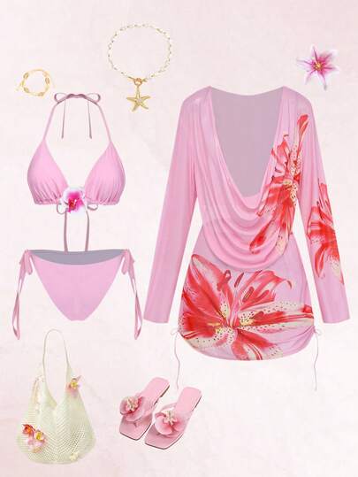 Swim Vcay 2026 New Summer Beach Vacation Floral Pink Print 3-Piece Set, Gentle, Cute, Elegant Summer Outfit, Adjustable Plus Size Swimwear, Cover-Up Jacket, Cover-Up Dress