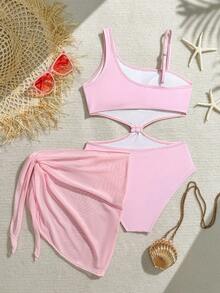 Pink Casual Tween Girls Solid One-Piece Swimsuit Pink Starfish Cut-Out Camisole One-Piece Swimsuit + Matching Sarong Two-Piece Set, Sweet Vacation Style Girls' Swimwear Pink Tween Swimsuit Teen Girl Resort Wear Teen Girl Swim Dress Two Piece Bathing Suit Light Pink Girl Solid Color Bathing Suits Pink Bathing Suit Starfish Bathing Suit Swimsuits Pink - Baby Pink - View 2