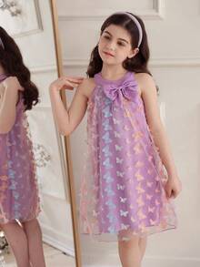 女童优雅可爱蝴蝶网纱露背无袖A字休闲连衣裙，适合节日派对、生日礼物、度假、春夏穿着 - 紫色 - 查看 6