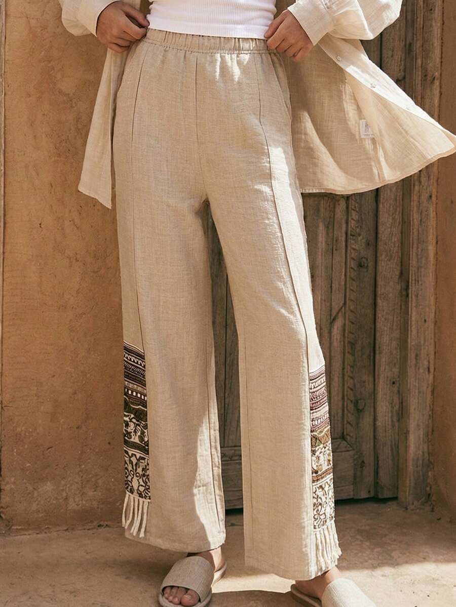 Teen Girls Casual Linen Color Wide Leg Pants, Suitable For Vacation & Daily Wear, Versatile - Khaki - View 1