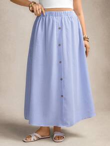 Zelara 夏季加大码女式小豹纹长裙，前中纽扣装饰，夏季女装，夏季度假女裙，长款半身裙，夏季蓝色半身裙，浅蓝色半身裙，夏季长裙，棉质半身裙，条纹半身裙，孕妇半身裙，中长半身裙，纽扣半身裙，休闲半身裙，浅蓝色中长半身裙，前开襟纽扣半身裙 - 藍白色 - 查看 9