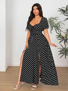 Sunnyshic Abito sexy con spacco alto e stampa a pois per donne taglie forti - nero - Visualizzare 3