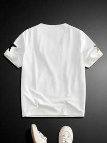 HIMLAND 男士休闲日常刺绣星星短袖T恤 - 白色 - 查看 6