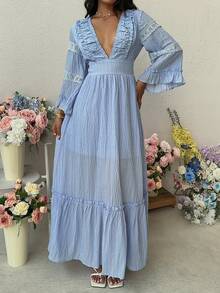 Franclia Robe longue à manches longues avec taille froncée et lien - Bleu azur - Voir 3