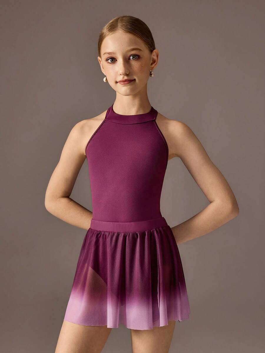 Tween Girls Activewear Elegant Ballet Practice Set Includes A Leotard And A Matching Skirt. Made From High-Stretch, Soft Fabric, It Offers A Comfortable, Flattering Fit That Moves With The Dancer Perfect For Ballet Training, Pilates, Or Gym Workouts, This Two Pieces Set Provides Both Style And Freedom Of Movement For Various Activities Across All Seasons. - Hot Pink - View 1
