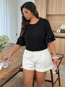 SHEIN LUNE Plus Size Women's Round Neck Ruffle Sleeve Beaded Casual Blouse, Spring/Summer - Black - View 3