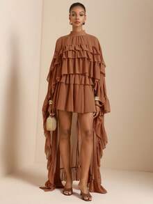 SHEIN Veneréa 女士优雅纯色雪纺层叠荷叶边裙 - 棕色 - 查看 3