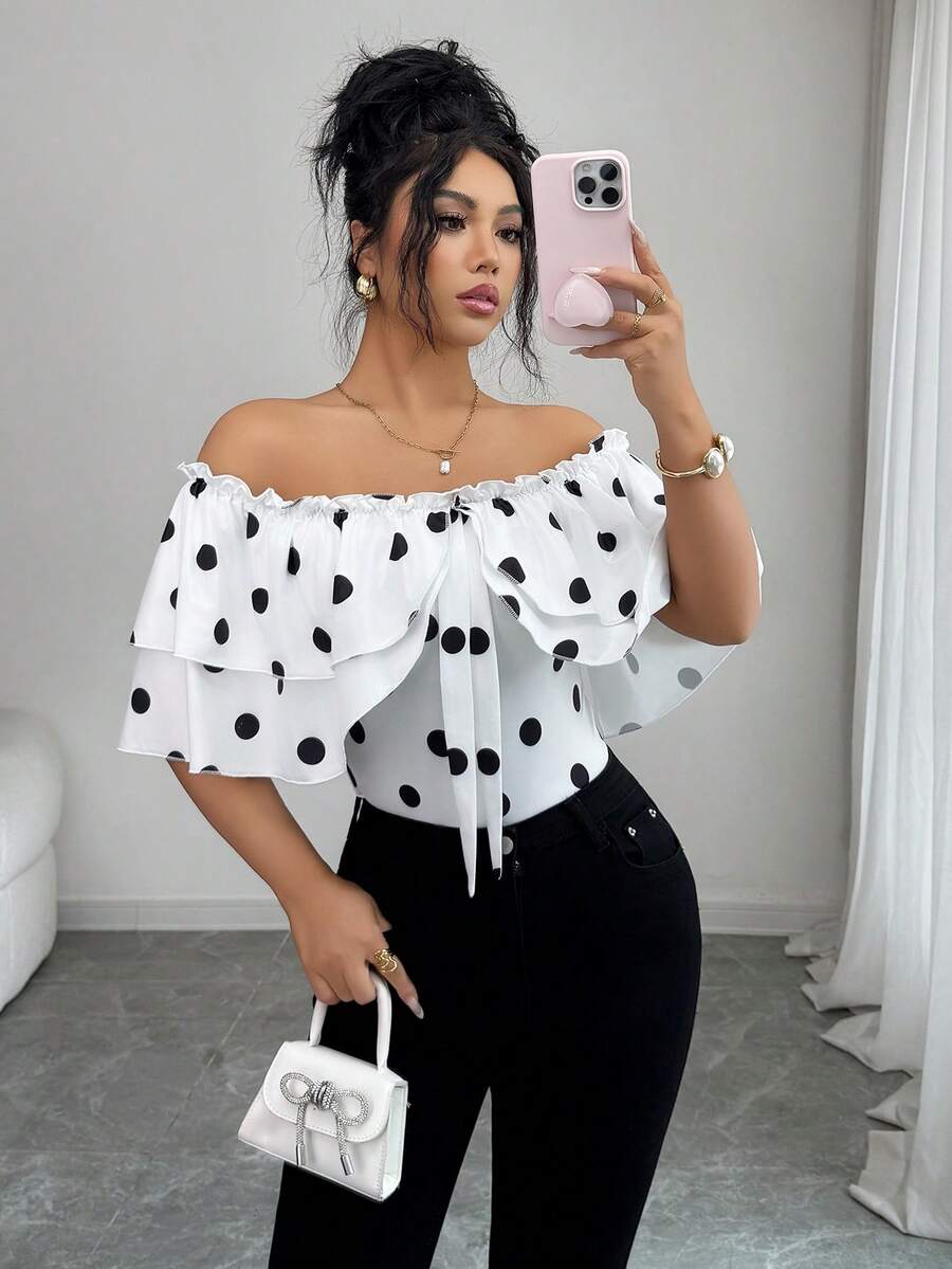 Selianne Elegant Off-Shoulder Ruffle Polka Dot Women T-Shirt, Suitable For Vacation - White - View 1