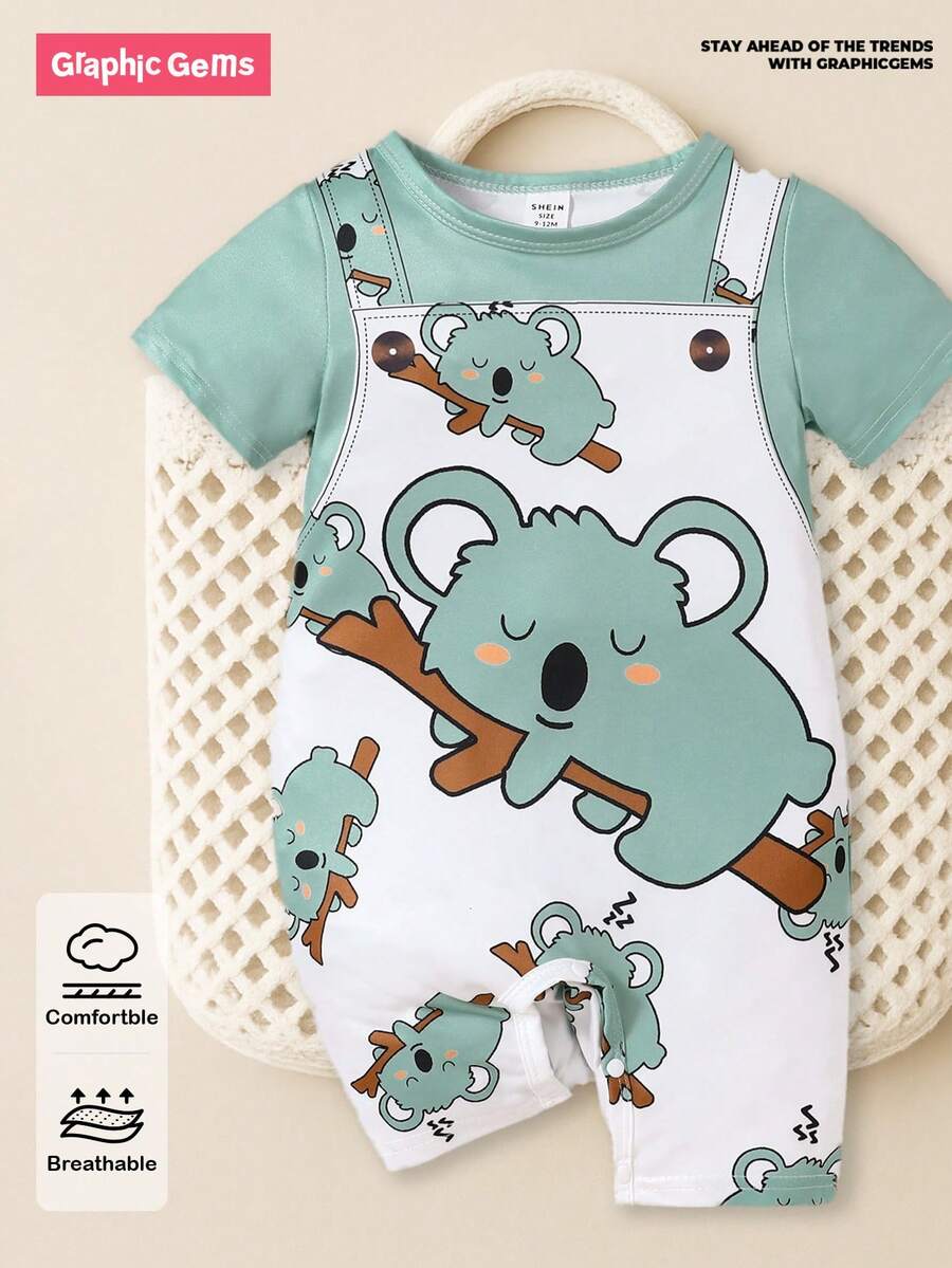 SHEIN GraphicGems Baby Boy Cute Animal Print Strap Shorts With Round Neck Short Sleeve Romper, Suitable For Summer - Multicolor - View 1