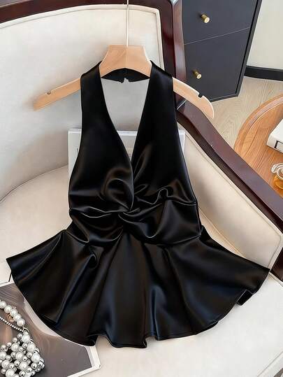 GlowEve CURVE Plus Size Women Solid Color Halter Neck Silk Camisole Shirt