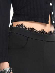 Airlisse Lace Trim Black Slim Fit High Waist Casual Flare Pants For Women, Spring/Autumn - Black - View 4