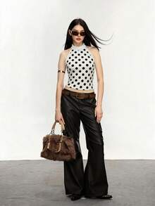 Rina Fox Women's Halter Neck Polka Dot Lace Patchwork Sexy Y2K Camisole - Beige - View 3