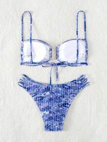 SHEIN Swim 印花打褶比基尼泳裝