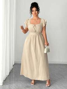 Elenzga Đầm nữ cỡ lớn cổ vuông tay bèo nhún đôi thiết kế nơ trước và sau, kiểu dáng thường ngày, thích hợp cho mùa xuân/hè. - Màu be - Xem 6