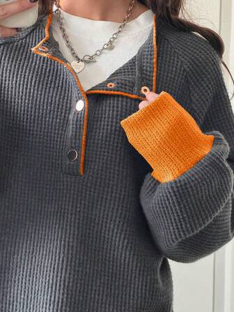 FRIFUL 女士撞色纽扣半开襟长袖宽松T恤