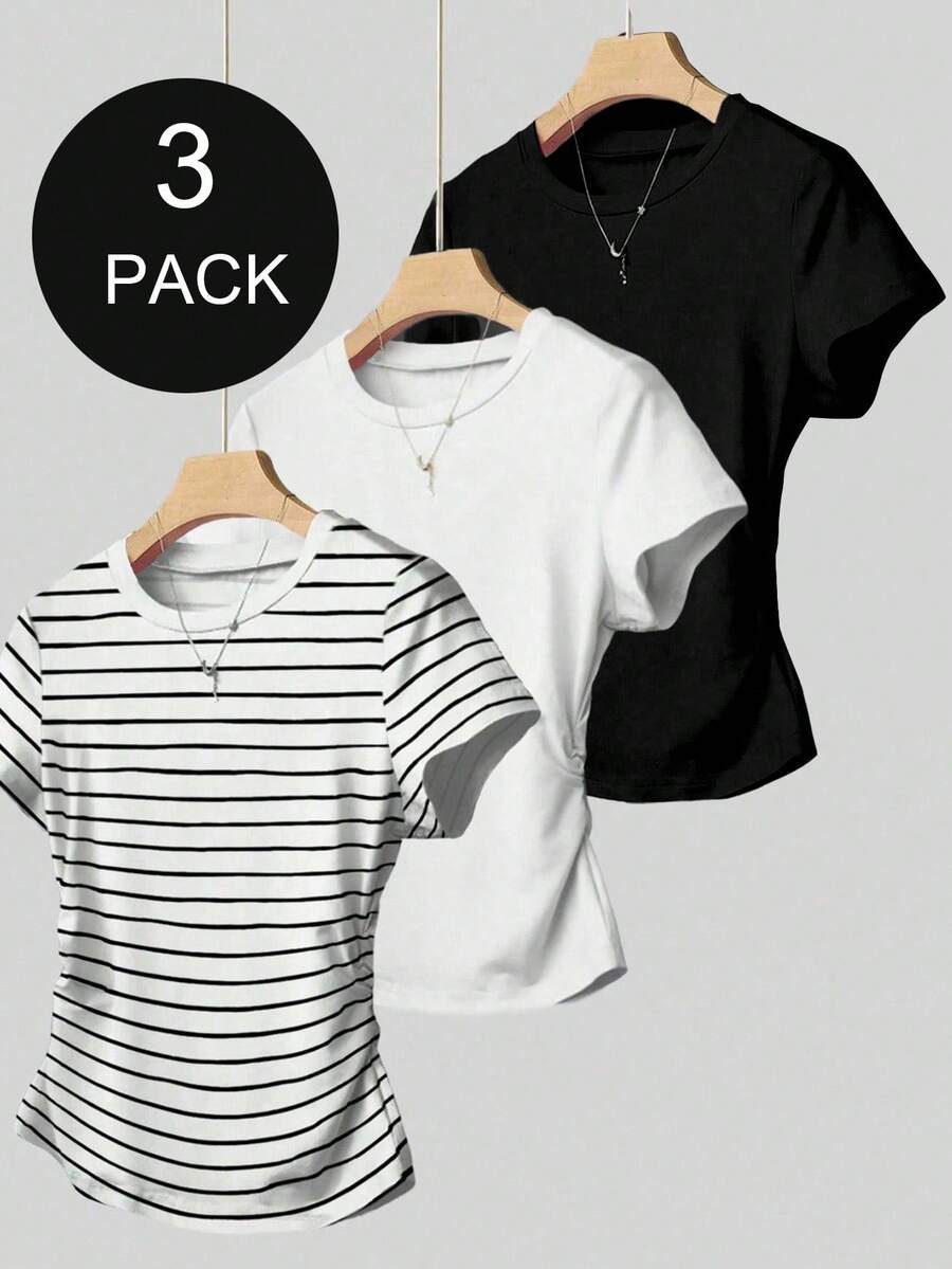 三件套少女短款T恤，黑色、白色、黑白条纹三色可选，百搭单品，适合春、夏、秋季穿着，日常穿着舒适，修身收腰设计。 - 彩色 - 查看 1
