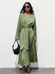 Maija Green Women's Long Dress With Tie Waist And Overlapping V-Neck Long Sleeves Elegant Dress Women  Vacation Summer Clothes