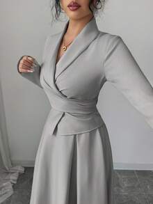 Rafferiza 2 peças/Conjunto Camisa Casual de Amarrar e Saia Longa Plissada em A-Line com Cintura Elástica para Mulheres - Cinza - Visão 2