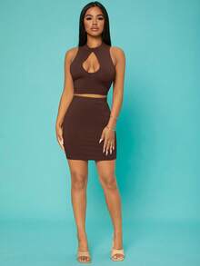 SHEIN SXY 弹力腰身纯色紧身半身裙 演唱会长裙 夏季舞会裙 性感半身裙 情人节半身裙 棕色半身裙 - 棕色 - 查看 4