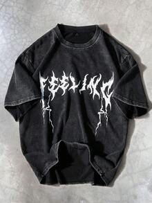 PAVTROS 男士街头风-INS风水洗面料深色字母印花T恤，适合音乐节、夜店、男友/老公礼物、周年纪念礼物 - 黑色 - 查看 1