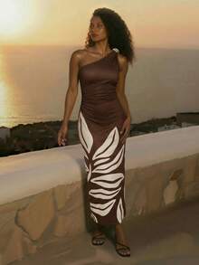 CAJUNI Vacation Casual Floral Print Maxi One Shoulder Dress - Brown - View 1