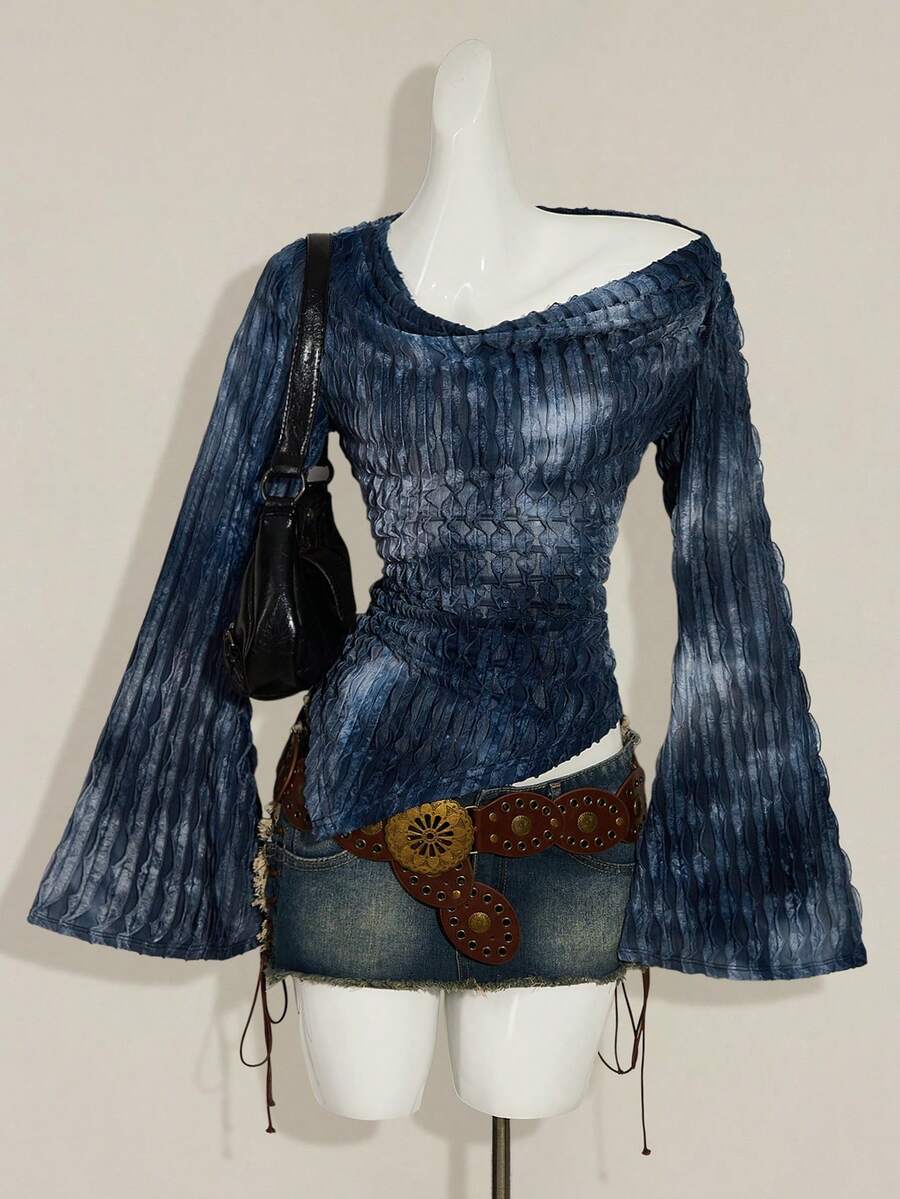 SHEIN ICON Áo thun nữ mùa thu phong cách phương Tây, boho cổ điển, gothic, trễ vai, in họa tiết tie-dye, vạt bất đối xứng, tay dài, tay loe. - Màu xanh lam - Xem 1