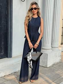 Serisse 女士休闲无袖荷叶边牛仔上衣和牛仔裤套装，适合春、夏、秋季，优雅的情人节度假装扮，适合女士嘉年华、夏季春季通勤、毕业典礼、Y2K 风、可爱街头风、派对、婚礼、优雅商务休闲、女士度假休闲时尚牛仔两件套，包含荷叶边上衣和飘逸阔腿裤。 - 藍色 - 查看 5