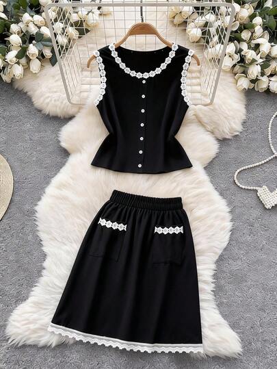 GlowEve CURVE Plus Size Lace Patchwork Knit Fitted Elegant 2 Pieces Set