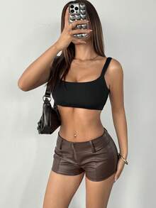 SHEIN PETITE Quần short nữ màu trơn, khóa kéo phía trước, kiểu dáng thường ngày, quần short siêu ngắn màu nâu, quần short da cho nữ, quần short da màu nâu gợi cảm cho nữ. - màu nâu - Xem 5