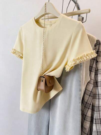 Resyla Blusa de mujer, una camiseta de manga corta en amarillo claro con un diseño de bordes con volantes, una blusa súper hermosa con estilo de ballet para primavera/verano 2026, un regalo para amigos